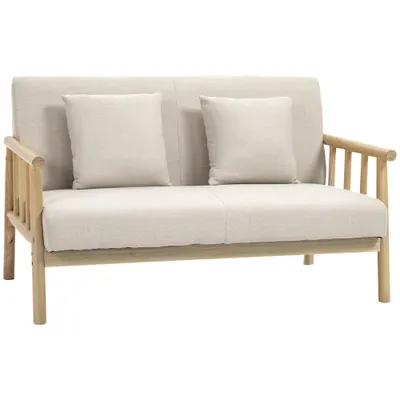 HOMCOM Canapea 2 locuri, husă cu aspect de in, compactă, până la 200 kg, cadru din lemn, 123L x 69B x 74H cm, Bej | Aosom Romania