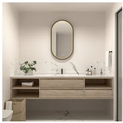 Oglinda baie 50x90 cm, dezaburire, ceas si iluminare perimetrala cu difuzor acrilic, rama neagra, Fluminia Canaria
