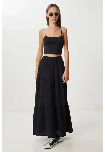 Fusta maxi Happiness Istanbul - talie inalta - neagra - bumbac