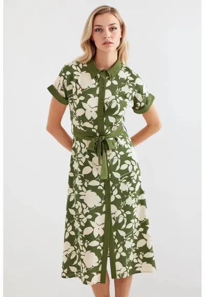 Rochie midi dama HiCCUP - imprimeu floral - viscoza - verde/crem