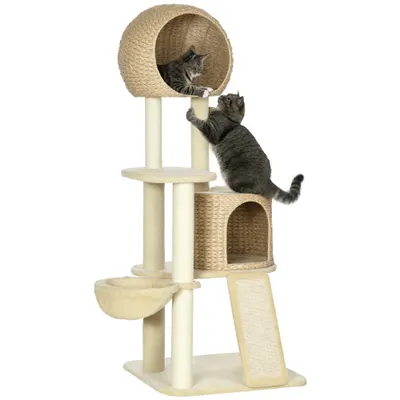 PawHut Arbore de cățărat pentru pisici cu sisal natural, 2 cuiburi, platformă, hamac, pluș, plăci de apă - 60 x 60 x 150 cm, bej | Aosom Romania