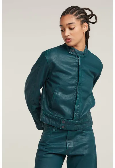 Jacheta biker din denim - Albastru petrol