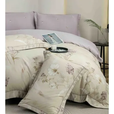 Lenjerie pat dublu, FINET DeLuxe, 6 piese, cu ELASTIC, Jojo Home, Cutie Eleganta, Bej, Lila, Flori