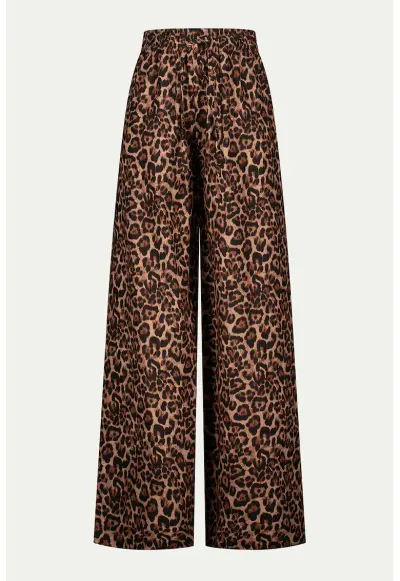 Pantaloni din in cu animal print - Negru/Maro pamantiu