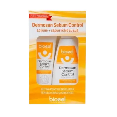 Pachet Lotiune cu sulf 100ml+ Sapun lichid cu sulf 200ml Dermosan Sebum Control, Bioeel