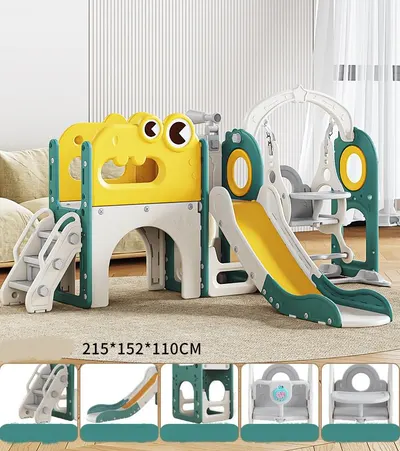 Spatiu de joaca pentru copii Nichiduta Garden Nickron 5 greenwhite, Leagan muzical cu masuta, scari de acces si tobogan, cadru stabil si robust, dimensiune 215 x 152 x 110 cm