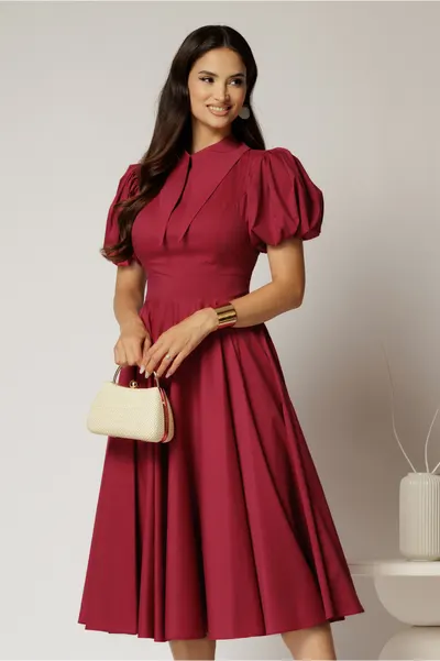 Rochie DY Fashion midi magenta din poplin cu guler ascutit si maneci scurte bufante