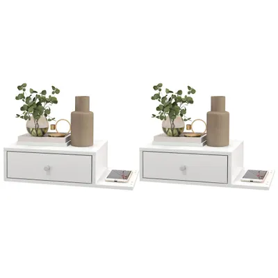 HOMCOM Set de 2 noptiere de perete - set de 2 noptiere - raft lateral și sertar - 55l x 30P x 15H cm MDF alb | Aosom Romania