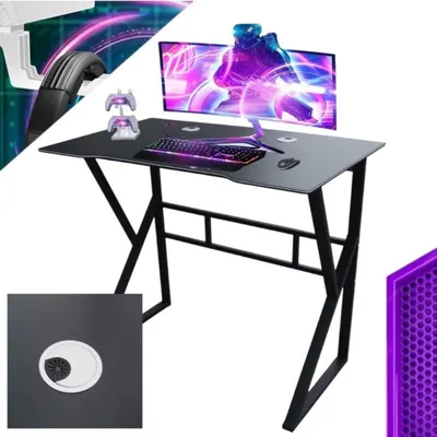 Birou Gaming, cadru metalic, blat neted cu orificii pentru cabluri, culoarea negru, 100x60 cm, eCarla, STL20CZ
