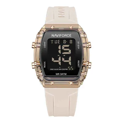 Ceas Damă Casual-Sport Quartz - Afișaj Dată, Alarmă, Cronometru, Carcasă Pătrată Aurie, Brățară Silicon Crem