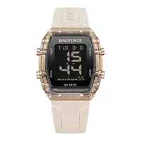 Ceas Damă Casual-Sport Quartz - Afișaj Dată, Alarmă, Cronometru, Carcasă Pătrată Aurie, Brățară Silicon Crem