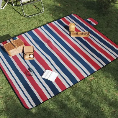 Gossi patura picnic pliabila, dungi rosu albastre, 200x150 cm catifea