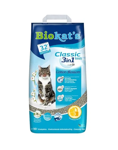 BIOKAT'S Classic 3in1 Fresh cotton blossom 10 L nisip pentru pisici, din bentonita cu parfum de bumbac