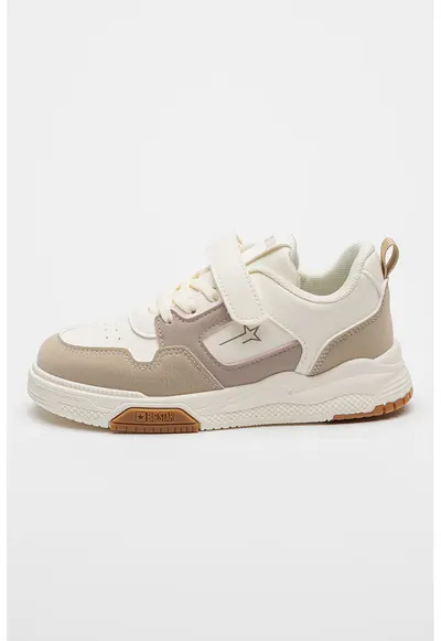 Pantofi sport low-cut de piele ecologica - Maro taupe deschis/Alb murdar