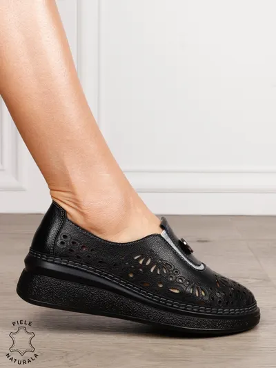Pantofi Casual dama din Piele naturala cu model Perforat CRL1600 Negru