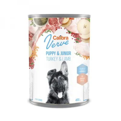 CALIBRA Verve GF Puppy&Junior, XS-XL, Curcan și Miel, conservă hrană umedă fără cereale câini junior, (pate), 400g