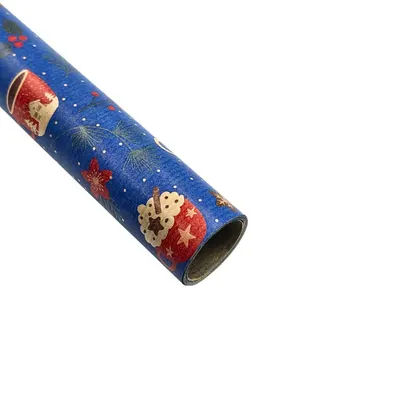Hârtie kraft pentru ambalat cadouri, decor albastru cu căni de Crăciun, 200x70 cm