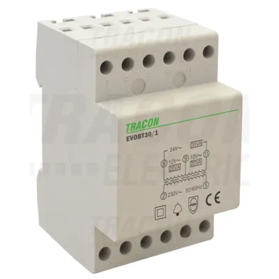 Transformator de protectie pt.sonerie EVOBT30/1 230V/12-12-24V AC, Psmax.:30VA, Is:1,55A