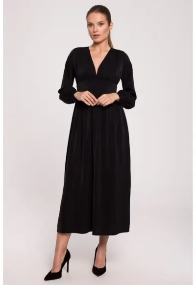 Rochie maxi cambrata in talie cu decolteu in V - - Negru