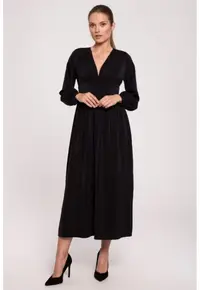 Rochie maxi cambrata in talie cu decolteu in V - - Negru