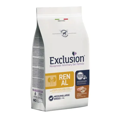 EXCLUSION Monoprotein Veterinary Diet Formula Renal, M-XL, Porc și Sorg, dietă veterinară, hrană uscată monoproteică câini, sistem renal, 12kg
