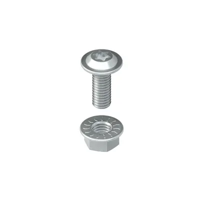surub cu cap oval cu mufa hexagonala T30 similar cu DIN EN ISO 7380-2 incl. piulita cu flansa dintata conform. conform DIN 1661 LFM 6X16-TX V