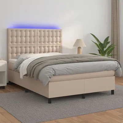 vidaXL Pat cu arcuri, saltea și LED, cappuccino, 140x200cm, piele eco