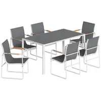 Outsunny Set masă și scaune pentru grădină cu masă din sticlă securizată și 6 scaune respirabile pentru terasă/patio Alb și Gri | Aosom Romania