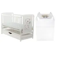 Set mobilier pentru copii, BabyNeeds: Patut din lemn de pin, cu sertar cu capac si somiera reglabila in 3 trepte, Timmi, 120x60 cm + Saltea cocos-burete-cocos, 10 cm + Comoda cu masuta de infasat, Alb