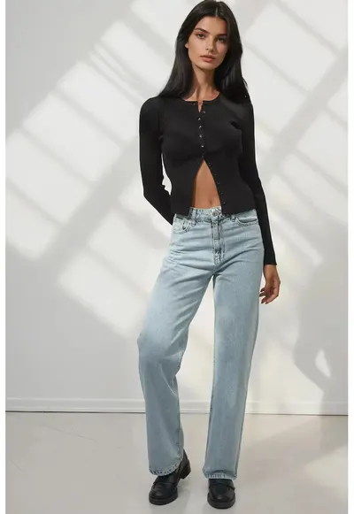 Blugi dama - picior drept - talie inalta - albastru deschis - denim