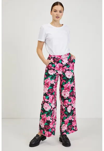 Pantaloni cu croiala ampla si model floral - Negru/Fucsia/Turcoaz