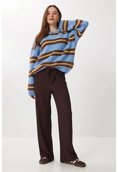 Pantaloni dama - Happiness Istanbul - talie inalta - maro - textil - Maro
