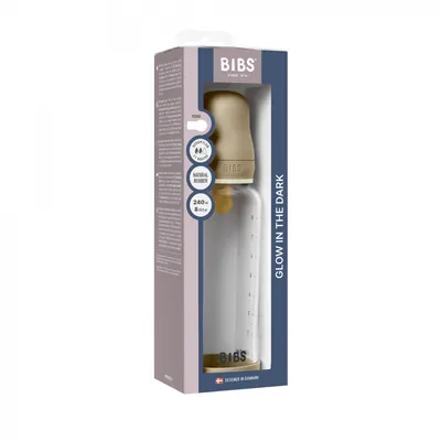 Set complet biberon fosforescent din sticla anticolici cu tetina din latex, flux mediu, 240 ml, Bibs Vanilla Glow