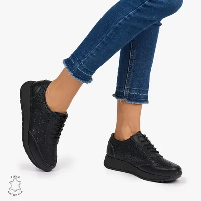 Pantofi casual dama din Piele Naturala Perforati cu model CRL0714 NEGRU