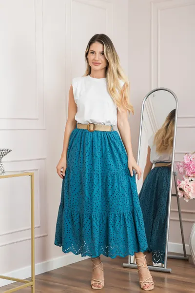 Fusta turcoaz inchis boho chic cu perforatii si curea in talie