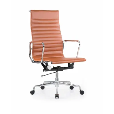 Scaun birou ergonomic Prestige, reglabil din piele ecologică maro, cadru aluminiu, design modern, dimensiuni 530*590*1060-1150 mm