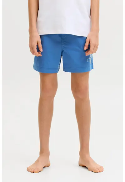 Pantaloni scurti de baie cu imprimeu logo si buzunare - Albastru