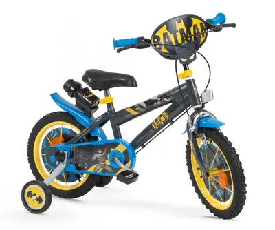 Bicicleta copii Toimsa Batman 14 inch, cu roti ajutatoare si sticluta de apa cu suport, scaun si ghidon reglabile pe inaltime, frana de mana pe ambele roti, anvelope cu profil gros
