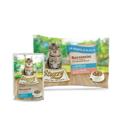 Hrana umeda pentru pisici Stuzzy Pack Bucati de cod&somon in gelatina 4x85g