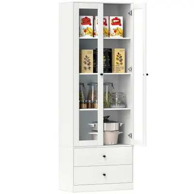 HOMCOM Mobilier de depozitare modern cu dulap cu uși din sticlă, rafturi reglabile și 2 sertare, 59 x 30 x 164 cm, alb | Aosom Romania