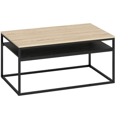 HOMCOM Masă de cafea cu raft, stil industrial modern, 2 rafturi & picioare reglabile, stejar | Aosom Romania