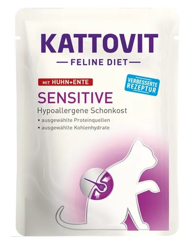 KATTOVIT Feline Diet Sensitive hrana umeda dietetica pentru pisici cu alergii alimentare, cu pui si rata 85 g