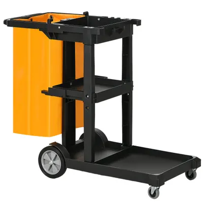 HOMCOM Cărucior de Curățenie Profesional cu 3 Rafturi, Cârlige pentru Mătură și Sac de 100L, Dimensiuni 121x50,5x96,5 cm, Negru | Aosom Romania