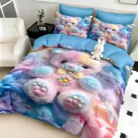 Lenjerie pat dublu, FINET, Imprimeu Digital 5D - Identic cu poza, Cu ELASTIC, 6 piese, Roz, Bleu, ursulet de plus
