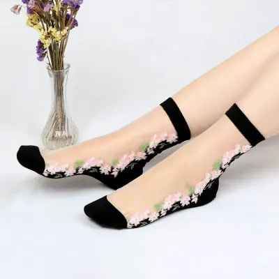 Sosete pentru dama, SS160, model flori, Alb/Negru, marime universala (35-39)