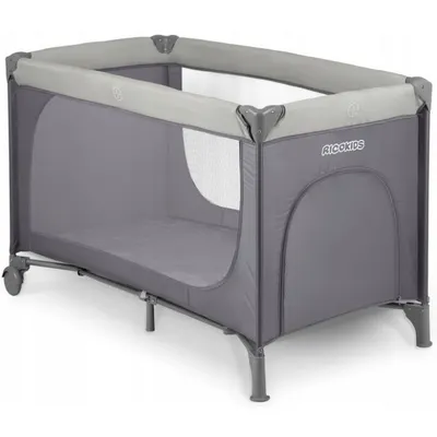 Patut pliabil cu un nivel pentru copii Ricokids,pliere compacta,usa de acces cu fermoar,roti cu frane,husa transport si saltea pliabila incluse Gri deschis