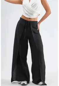 Pantaloni dama din crep - talie cu snur - negru - poliester