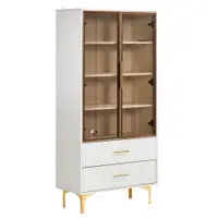 Vitrină Elegantă din Sticlă, cu Picioare Aurii și Rafturi Reglabile, Iluminare LED Multicoloră, potrivită pentru living, birou, 70x35x150 cm, Albă