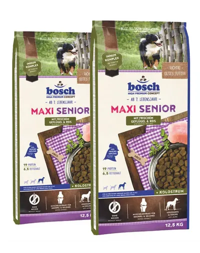 BOSCH Maxi Senior Hrana uscata cu pasare si orez pentru cainii adulti 25 kg (2 x 12,5 kg)