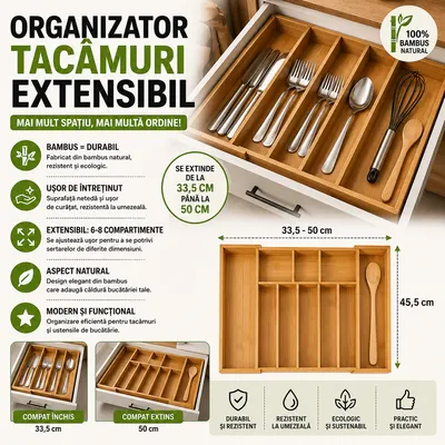 Organizator extensibil tacamuri si ustensile de bucatarie, Bambus, 6-8 compartimente, Design elegant, 50 x 45.5 x 5 cm